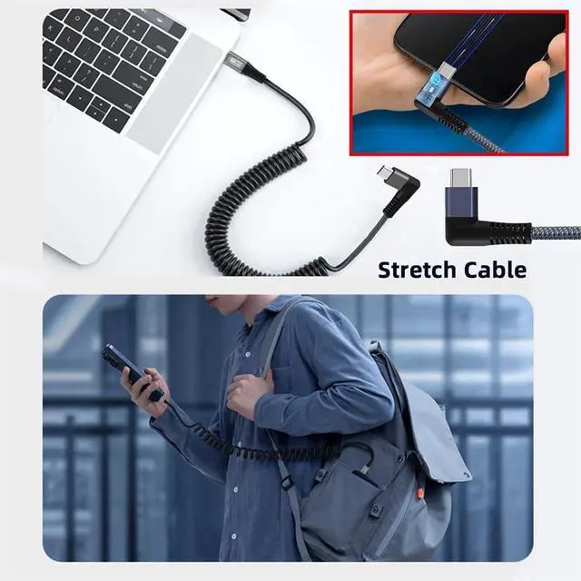 Alt view image 3 of 7 - 20Gbps 100W USB4 Stretch Coiled USB-C Cable 8K Type-C Male to Male Cable Power & Data for Laptop Keyboard Tablet 180cm After Stretch(Right Angled)