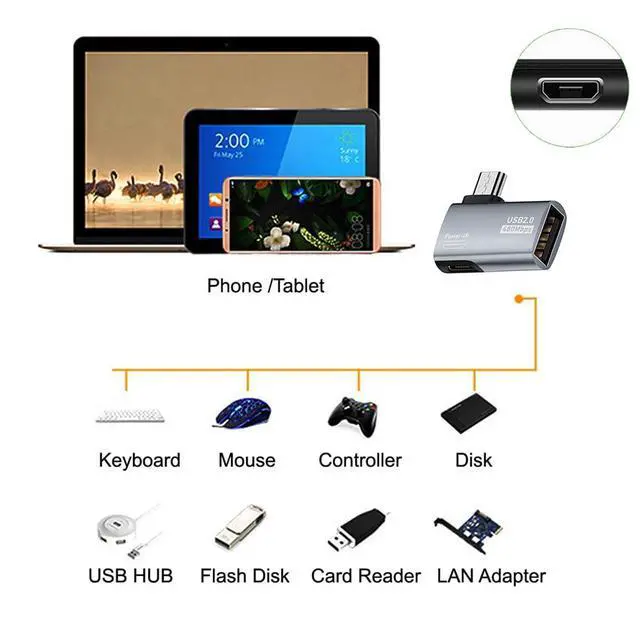 Alt view image 4 of 7 - Micro USB 2.0 to USB Standard Type-A Female OTG Host Adapter Left Angled 90 Degree with Micro USB Power for Phone Tablet