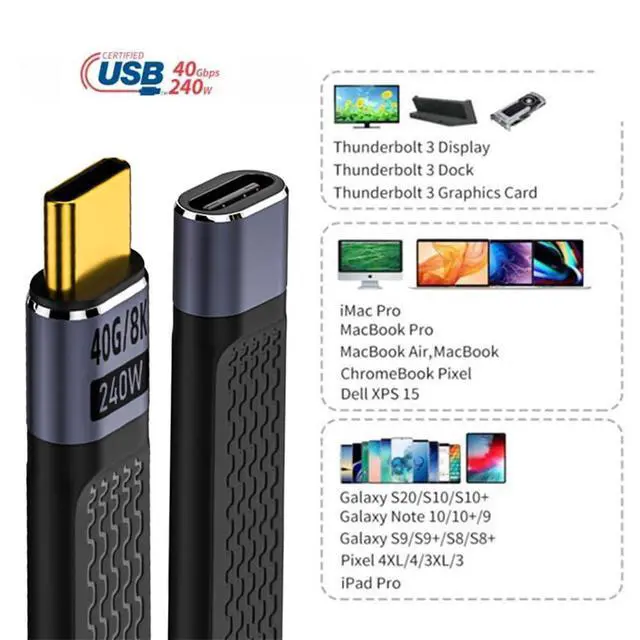 Alt view image 5 of 7 - USB4 40Gbps Extension Straight Cable Male to Female Slim Flat with 240W Power and 8K@60Hz Video 13cm