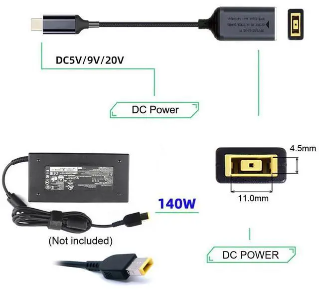 Alt view image 2 of 7 - PD9V 5V 20V7A DC Jack Rectangle Jack Thinkpad X1 Input to USB-C Type-C Power 140W Charge Cable for Laptop Phone 18cm