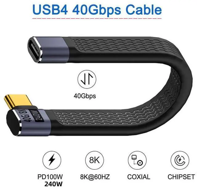 Alt view image 5 of 7 - USB4 40Gbps Extension Cable Slim Flat Male to Female with 240W Power and 8K@60Hz Video Right Angled 13cm