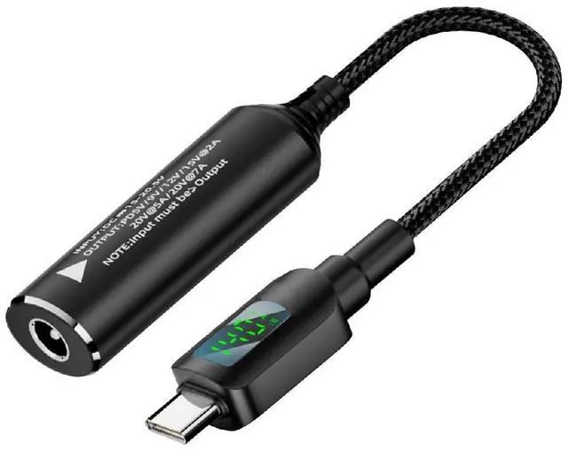 Main image of DC 5.5x2.5mm Input to USB-C Output Cable with Smart LED Display Power Display Supports PD 20V/7A Fast Charging for Laptops Phones and Tablets