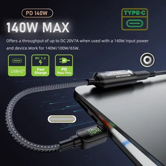 Alt view image 4 of 7 - Rectangle Jack Input to USB-C Output Cable with Smart LED Display Power Display Supports PD 20V/7A Fast Charging for Laptops Phones and Tablets