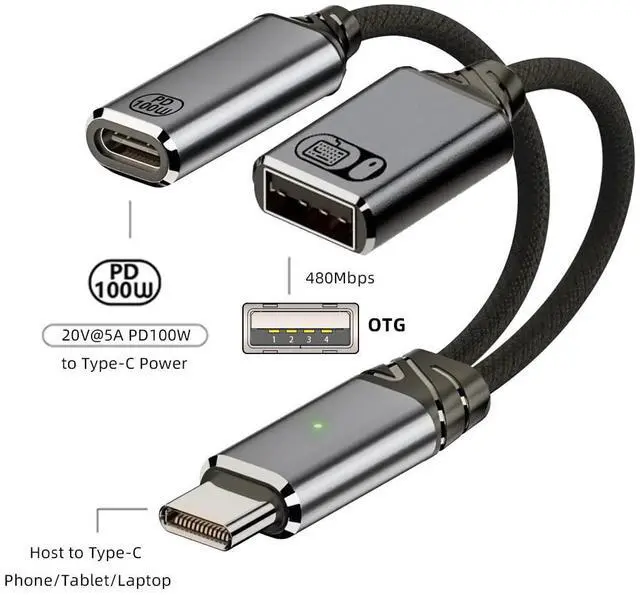 Alt view image 2 of 7 - USB-C to USB2.0 Type-A OTG & 100W PD Power Cable for Laptop Tablet Phone