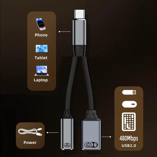 Alt view image 6 of 7 - USB-C to USB2.0 Type-A OTG & 100W PD Power Cable for Laptop Tablet Phone