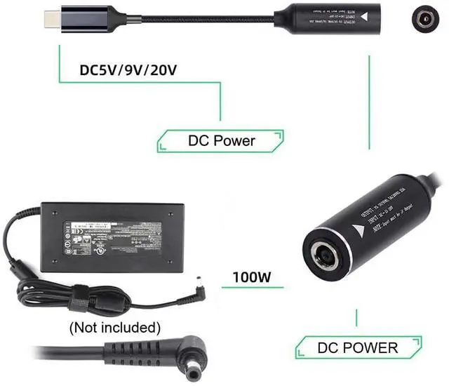 Alt view image 2 of 7 - 100W Charge DC Jack Input 4.5X3.0mm to USB-C Type-C Power Cable for Laptop Phone PD9V 5V 20V