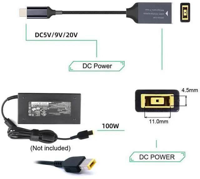 Alt view image 2 of 7 - 100W Charge Rectangle Jack Thinkpad X1 Input to USB-C Type-C Power Cable for Laptop Phone PD9V 5V 20V