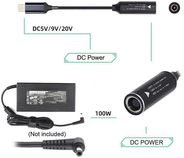 Alt view image 2 of 7 - 100W Charge DC Jack Input 7.9X5.4mm to USB-C Type-C Power Cable for Laptop Phone PD9V 5V 20V