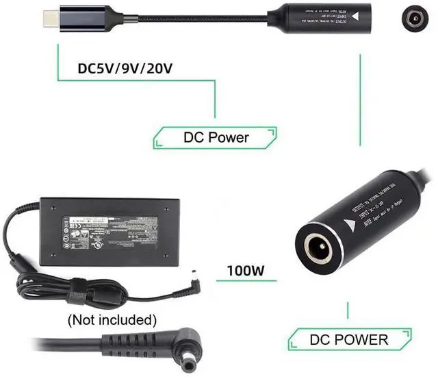 Alt view image 2 of 7 - 100W Charge DC Jack Input 4.0X1.3mm to USB-C Type-C Power Cable for Laptop Phone PD9V 5V 20V
