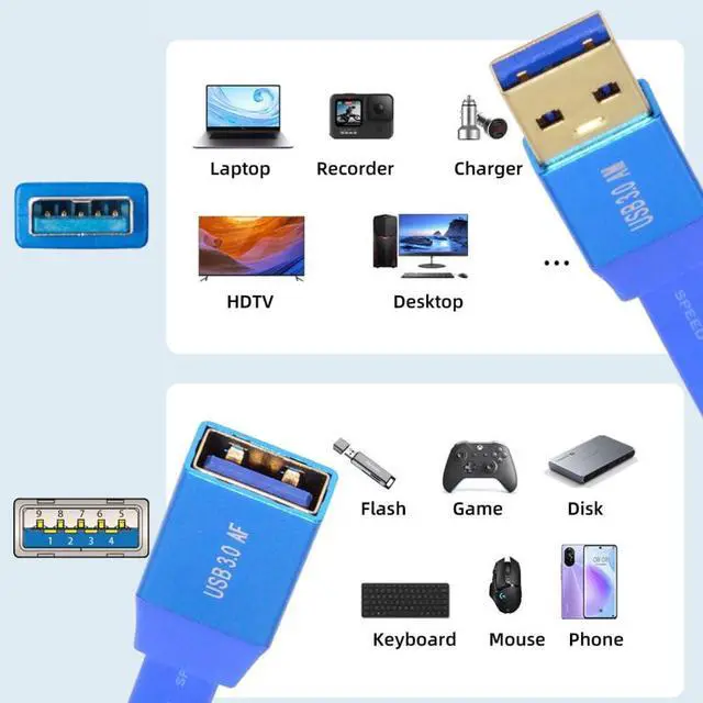 Alt view image 6 of 6 - 5Gbps Ultra Flat Slim USB 3.0 Type-A Male to USB3.0 A Female Cable Extension Blue for Disk SSD Camera Data 30cm