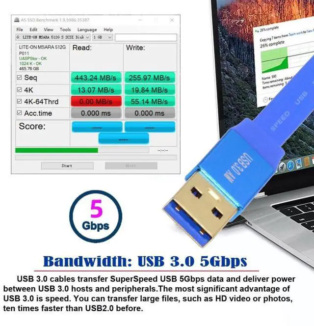 Alt view image 2 of 6 - 5Gbps Ultra Flat Slim USB 3.0 Type-A Male to USB3.0 A Female Cable Extension Blue for Disk SSD Camera Data 30cm