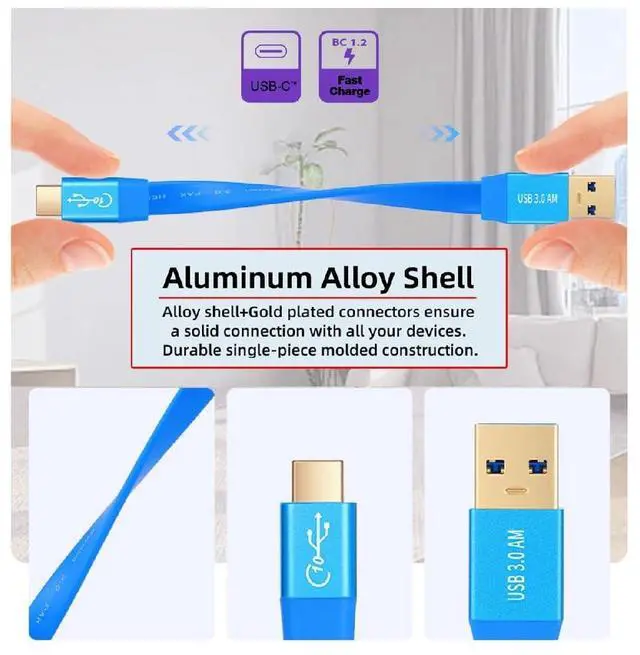 Alt view image 2 of 7 - 10Gbps USB 3.0 Ultra Flat Slim Type-A Male to USB-C Type-C Male Data Cable Blue for Disk SSD Camera Laptop Computer 200CM