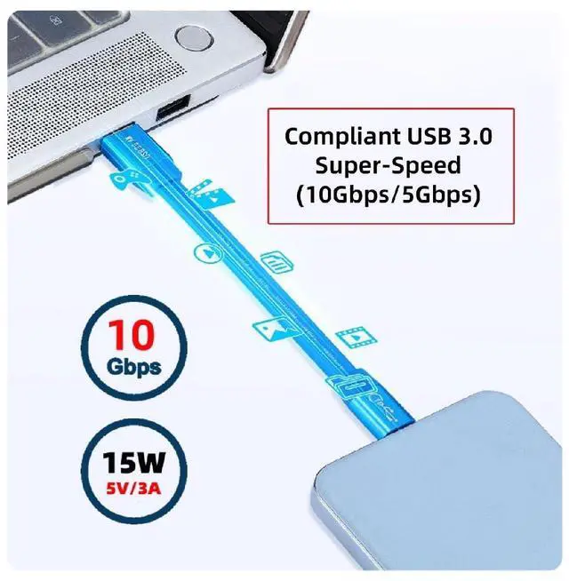 Alt view image 6 of 7 - 10Gbps USB 3.0 Ultra Flat Slim Type-A Male to USB-C Type-C Male Data Cable Blue for Disk SSD Camera Laptop Computer 200CM