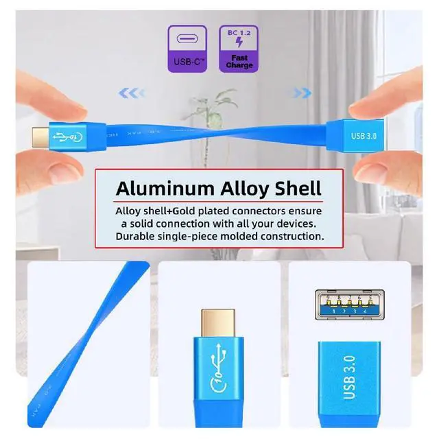 Alt view image 7 of 7 - 10Gbps USB-C OTG Ultra Flat Slim Type-C Male to USB3.0 Type-A Female Cable On-the-Go Blue for Laptop Computer Disk SSD Camera Data 20CM