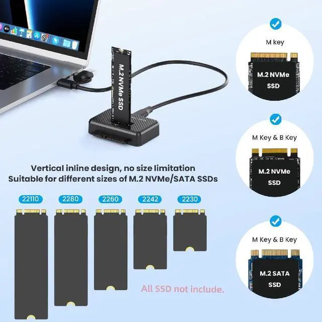Alt view image 6 of 7 - USB-C USB3.0 Type-C to M.2 NVME M-Key/SATA 2.5 Inch Dual SSD External PCBA Docking Vertical Case Enclosure