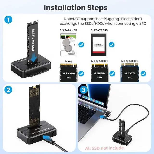 Alt view image 7 of 7 - USB-C USB3.0 Type-C to M.2 NVME M-Key/SATA 2.5 Inch Dual SSD External PCBA Docking Vertical Case Enclosure