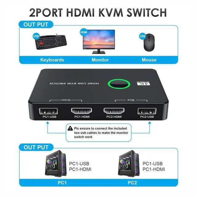 Alt view image 2 of 7 - KVM USB 2.0 & HDMI 4K Switch Selector Dual PCs Sharing Monitor HDTV USB Port Keyboard Mouse Scanner Printer
