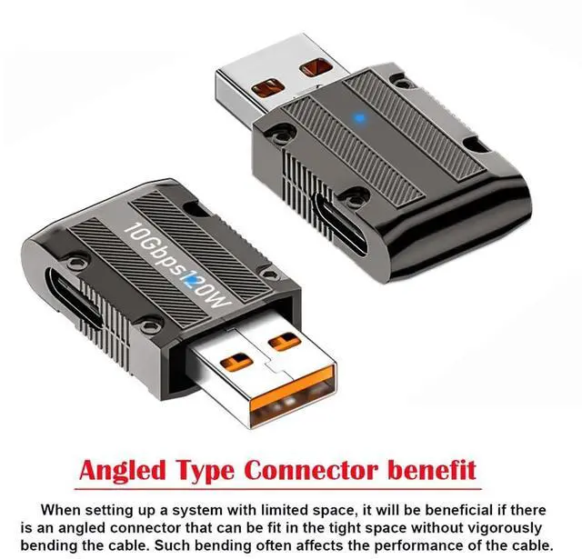Alt view image 4 of 7 - 10Gbps Data USB-C USB 3.1 Type C Female to USB 3.0 Type-A Male Left Angled Slim Type 90 Degree 120W Power Adapter Mecha Cyberpunk Style