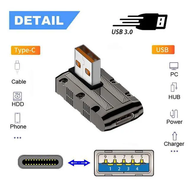 Alt view image 7 of 7 - 10Gbps Data USB-C USB 3.1 Type C Female to USB 3.0 Type-A Male Left Angled Low Profile Type 90 Degree 120W Power Adapter Mecha Cyberpunk Style