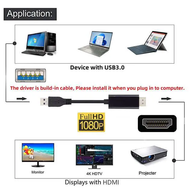 Alt view image 2 of 7 - USB 3.0 Source HDMI Sink Converter USB3.0 Male to HDMI Male Cable for Desktop Laptop PC 1080P Adapter 1.8m Projector Video Monitor Cable