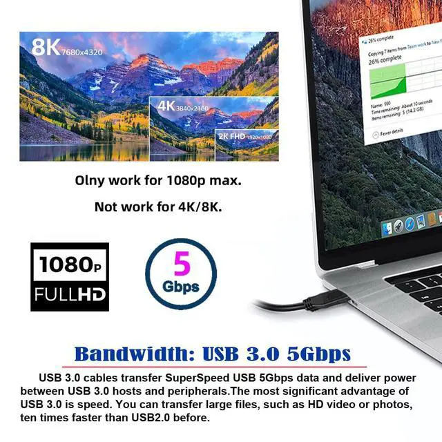 Alt view image 7 of 7 - USB 3.0 Source HDMI Sink Converter USB3.0 Male to HDMI Male Cable for Desktop Laptop PC 1080P Adapter 1.8m Projector Video Monitor Cable
