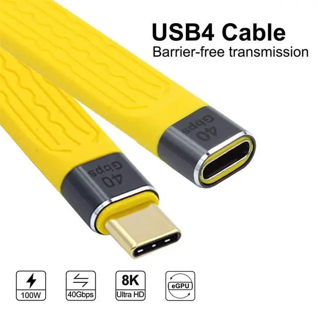Alt view image 4 of 7 - Yellow USB4 Extension Cable Slim Flat Male to Female 40Gbps with 100W Charging and 8K@60Hz USB4.0