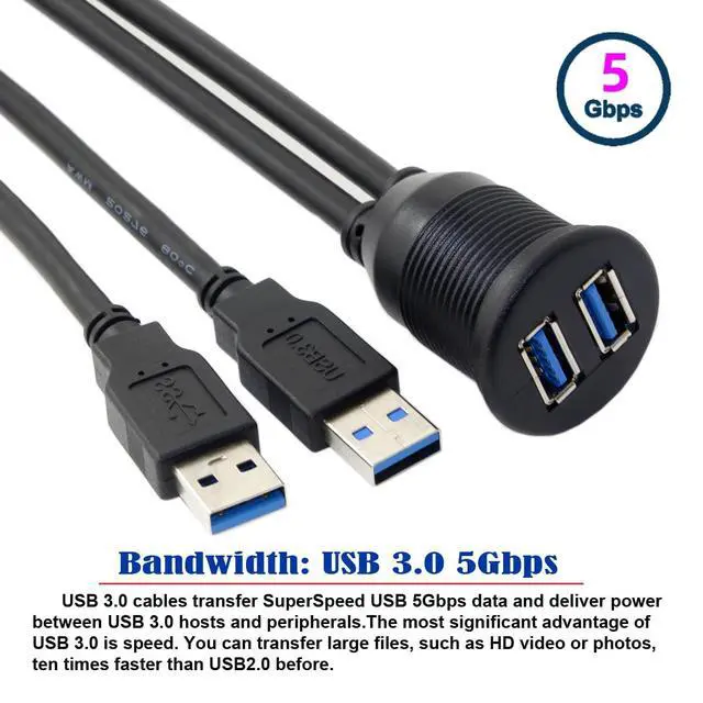Alt view image 7 of 7 - 1m Waterproof Dual USB 3.0 Extension AUX Flush Mount Car Mount Extension Cable for Dashboard Panel