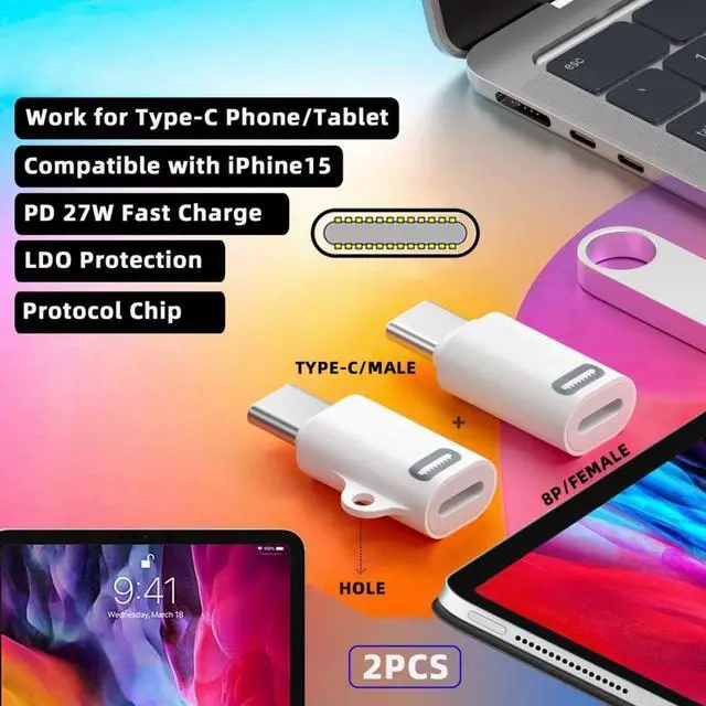 Alt view image 3 of 7 - 2 Pack USB C to 8P Converter USB C PD 27W Power 480Mbps Data Adapter Compatible with Phone & Android & Tablet