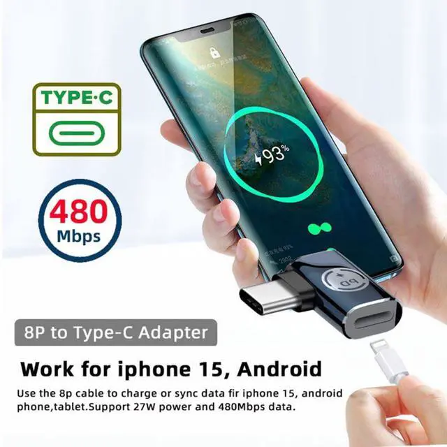 Alt view image 3 of 7 - USB C to 8P Converter USB C PD 27W Power 480Mbps Data 90 Degree Right Angled Adapter Compatible with Phone & Andtoid & Tablet