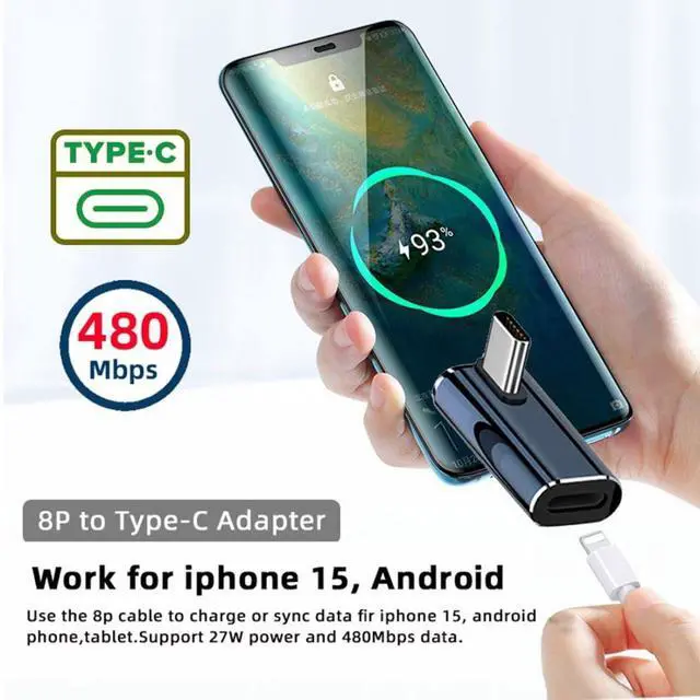 Alt view image 3 of 6 - USB C to 8P Converter USB C PD 27W Power 480Mbps Data Low Profile Angled Adapter Compatible with Phone & Andtoid & Tablet