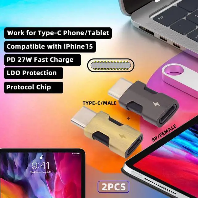 Alt view image 3 of 7 - 2 Pack 8P to USB C Converter USB C PD 27W Power 480Mbps Data Adapter Compatible with Phone & Android & Tablet