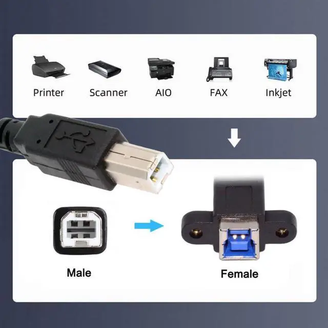 Alt view image 5 of 7 - 0.98FT USB 3.0 Type-B Cable,USB 2.0 Type-B to USB-B Data Extension Cable with Panel Mount Holes