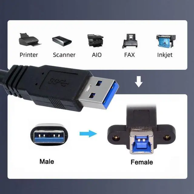 Alt view image 5 of 7 - 0.98FT USB 3.0 Type-B Cable,USB-A to USB-B Data Extension Cable with Panel Mount Holes