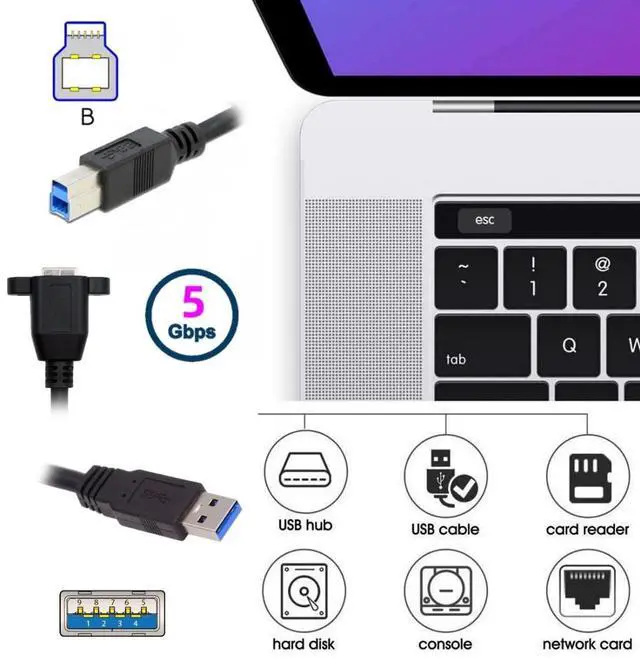 Alt view image 2 of 7 - 0.98FT USB 3.0 Type-B Cable,USB-A to USB-B Data Extension Cable with Panel Mount Holes