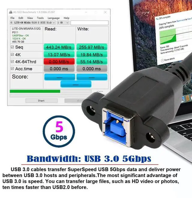Alt view image 3 of 7 - 0.98FT USB 3.0 Type-B Cable,USB 3.0 Micro-B to USB-B Data Extension Cable with Panel Mount Holes