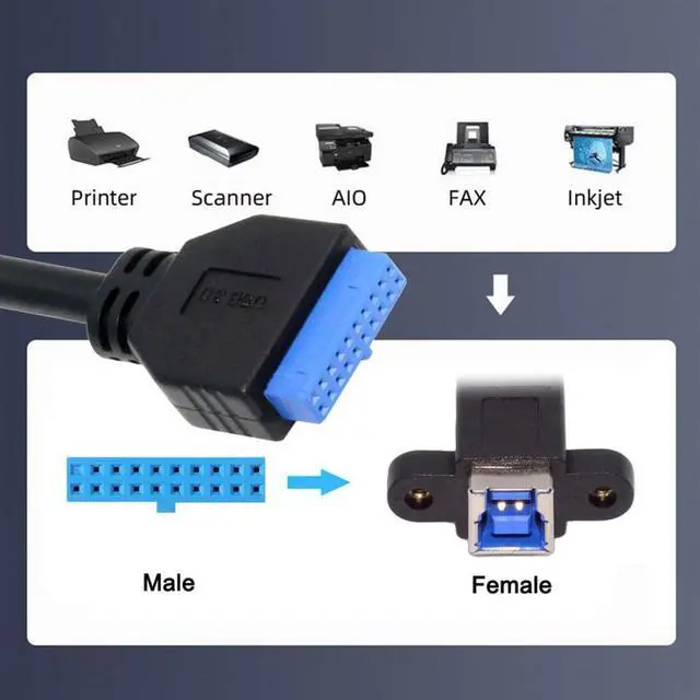Alt view image 5 of 7 - 0.98FT USB 3.0 Type-B Cable,USB-20Pin to USB-B Data Extension Cable with Panel Mount Holes