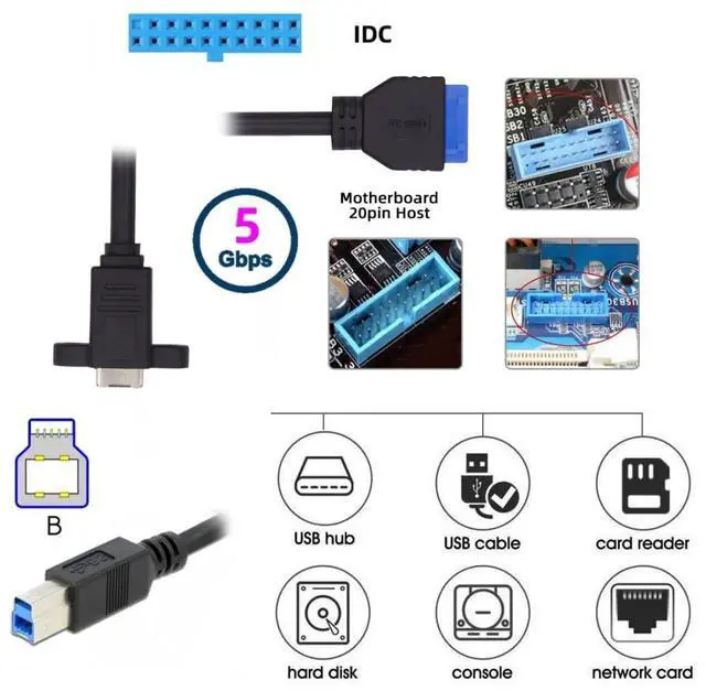 Alt view image 2 of 7 - 0.98FT USB 3.0 Type-B Cable,USB-20Pin to USB-B Data Extension Cable with Panel Mount Holes