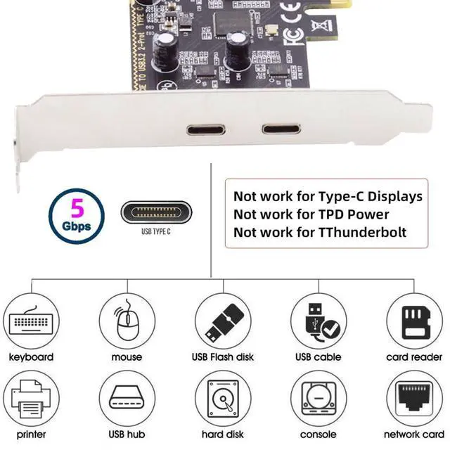 Alt view image 2 of 7 - 2 Port PCI-E 1X to 2 USB C HUB PCI Express Expansion Card Adapter with 80/120mm PCI-E Slot Bracket with Extra SATA Power