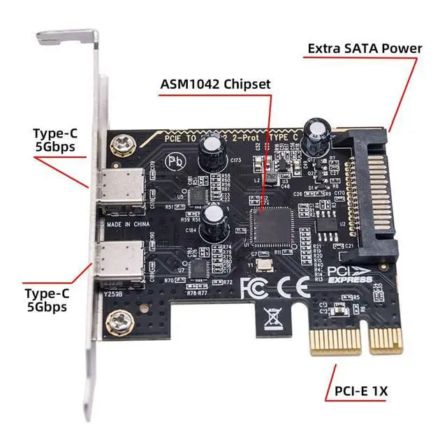Alt view image 5 of 7 - 2 Port PCI-E 1X to 2 USB C HUB PCI Express Expansion Card Adapter with 80/120mm PCI-E Slot Bracket with Extra SATA Power