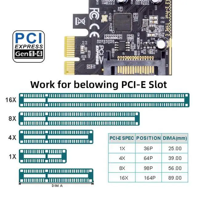 Alt view image 7 of 7 - 2 Port PCI-E 1X to 2 USB C HUB PCI Express Expansion Card Adapter with 80/120mm PCI-E Slot Bracket with Extra SATA Power
