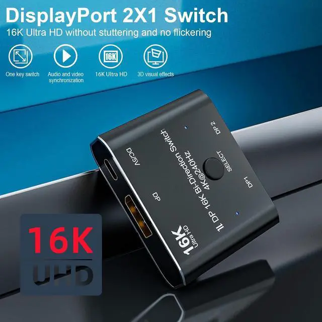 Alt view image 2 of 7 - DisplayPort 16K Switch Splitter HUB 2 in 1 Out Support Bi-Direction Display HDCP SST 16K@60hz 4K@240hz Convertor