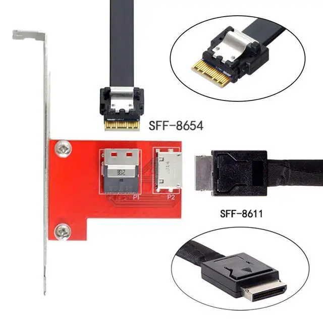 Alt view image 3 of 7 - Slimline SAS SFF-8654 PCI-Express 4.0 to Oculink SFF-8611 SFF-8612 PCBA Female Adapter with Bracket
