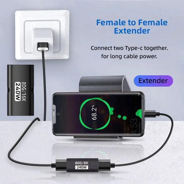 Alt view image 5 of 7 - 5 Pack USB C Coupler,USB C Female to Female 16K@60Hz 80Gbps Data Transfer,PD 240W Fast Charging Extension Adapter