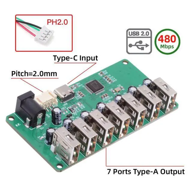 Alt view image 6 of 7 - 7 Port USB 2.0 HUB,Pitch=2.0mm 4Pin/USB C 1 to 7 USB 2.0 Splitter Port Multiplier Expansion Adapter with DC 5V Power Port for Laptop/Flash Drive/Keyborad/Mouse