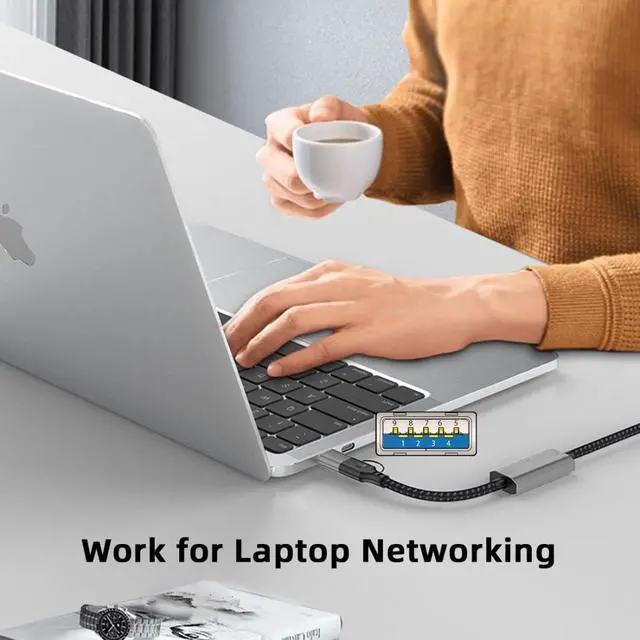 Alt view image 3 of 7 - 2 in 1 USB to Ethernet Cable, USB 3.0/USB C to CAT7 RJ45 1000Mbps Gigabit LAN Network Nylon Braided Cable 1.2M with AX88179 Chipset