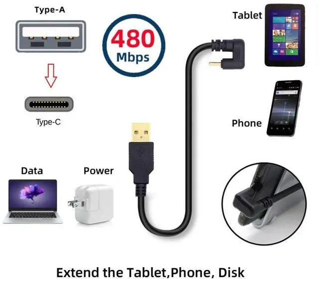 Alt view image 4 of 6 - USB 2.0 to USB C U Shape Angled Power Data Extension Cable 480Mbps 1.0M