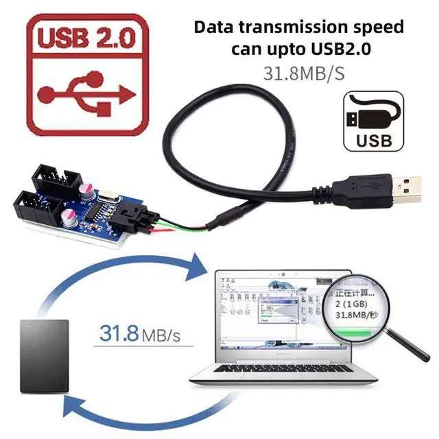 Alt view image 5 of 7 - USB 2.0 Front Panel Header 1 to 2 9Pin/10Pin HUB Mainboard Header Extension Adapter Splitter Cable