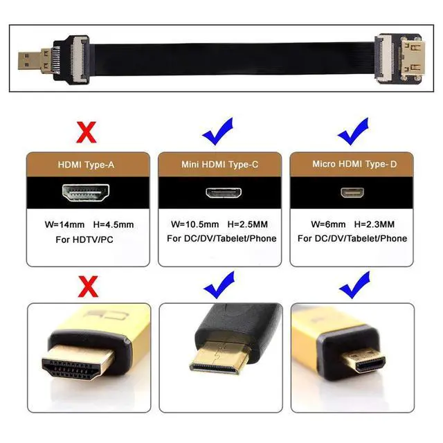 Alt view image 5 of 6 - CY Micro HDMI to Mini HDMI Cable CYFPV Mini HDMI Female to Micro HDMI Male Extension FPC Flat Cable 1080P for FPV HDTV Multicopter Aerial Photography