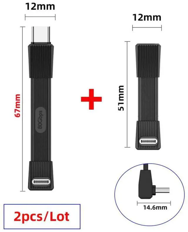 Alt view image 7 of 7 - 2 Pack USB C Short Flat Cable,USB 4.0 Type C Male to Male/Female 90 Degree Angled 8K@60Hz 80Gbps Data Transfer,PD 240W Fast Charge Data Extension Cable 2.01/2.64 Inch Black