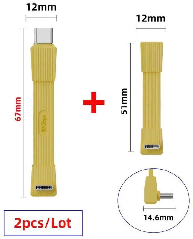 Alt view image 7 of 7 - 2 Pack USB C Short Flat Cable,USB 4.0 Type C Male to Male/Female 90 Degree Angled 8K@60Hz 80Gbps Data Transfer,PD 240W Fast Charge Data Extension Cable 2.01/2.64 Inch Yellow